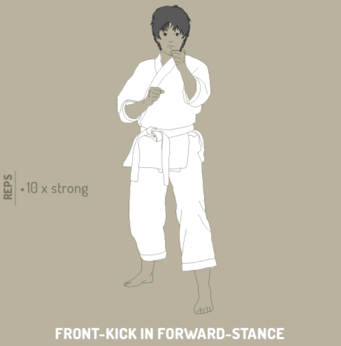 Karate training, lower body basics, front kick forward