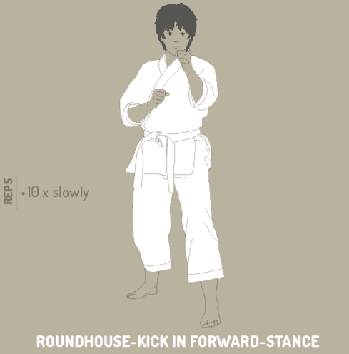 Karate training, lower body basics, roundhouse kick forward stance