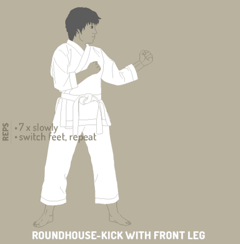 Karate training, lower body basics, roundhouse kick with front leg